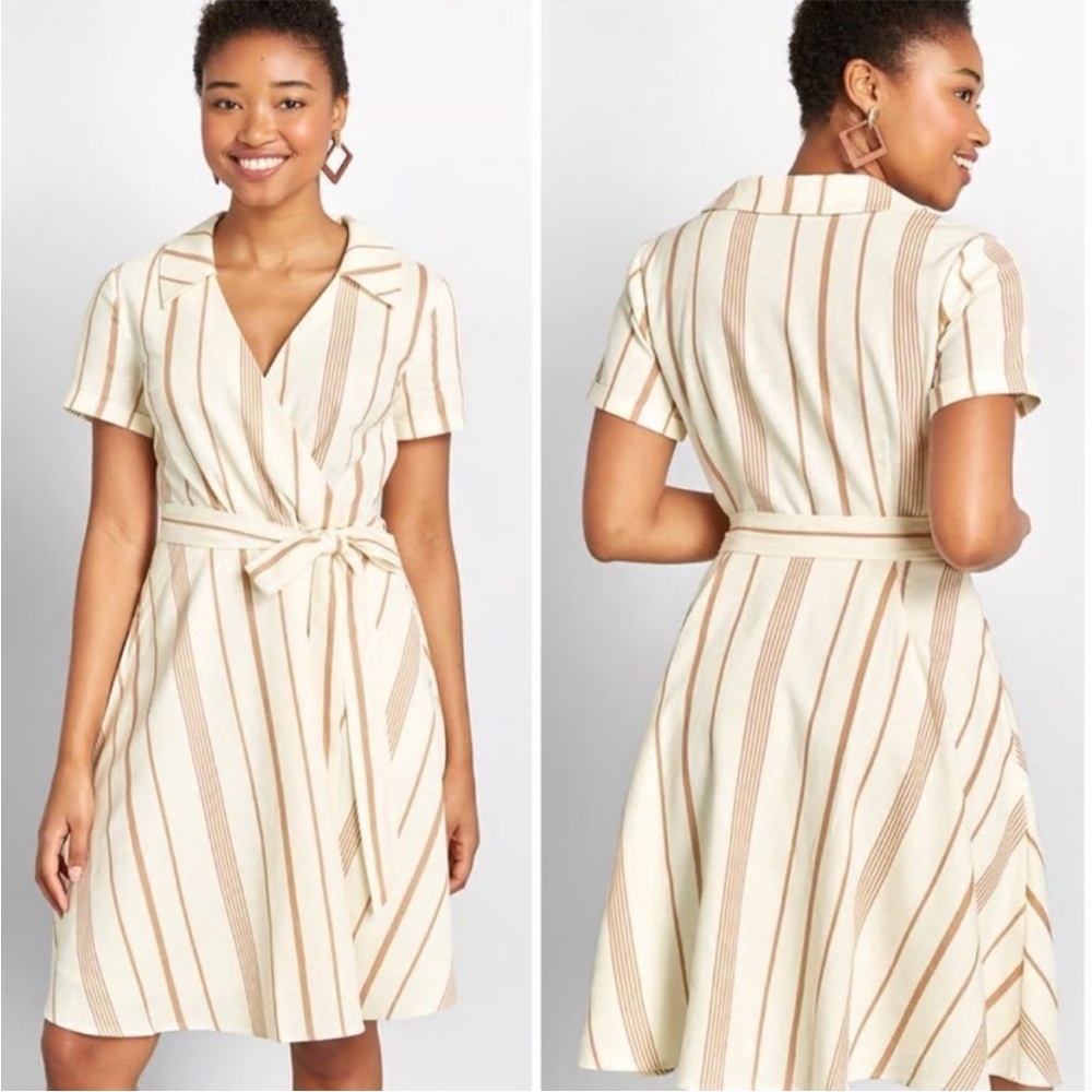 Modcloth Sweet Surprise Faux Wrap Cream and Tan Striped Mini Dress Size 12